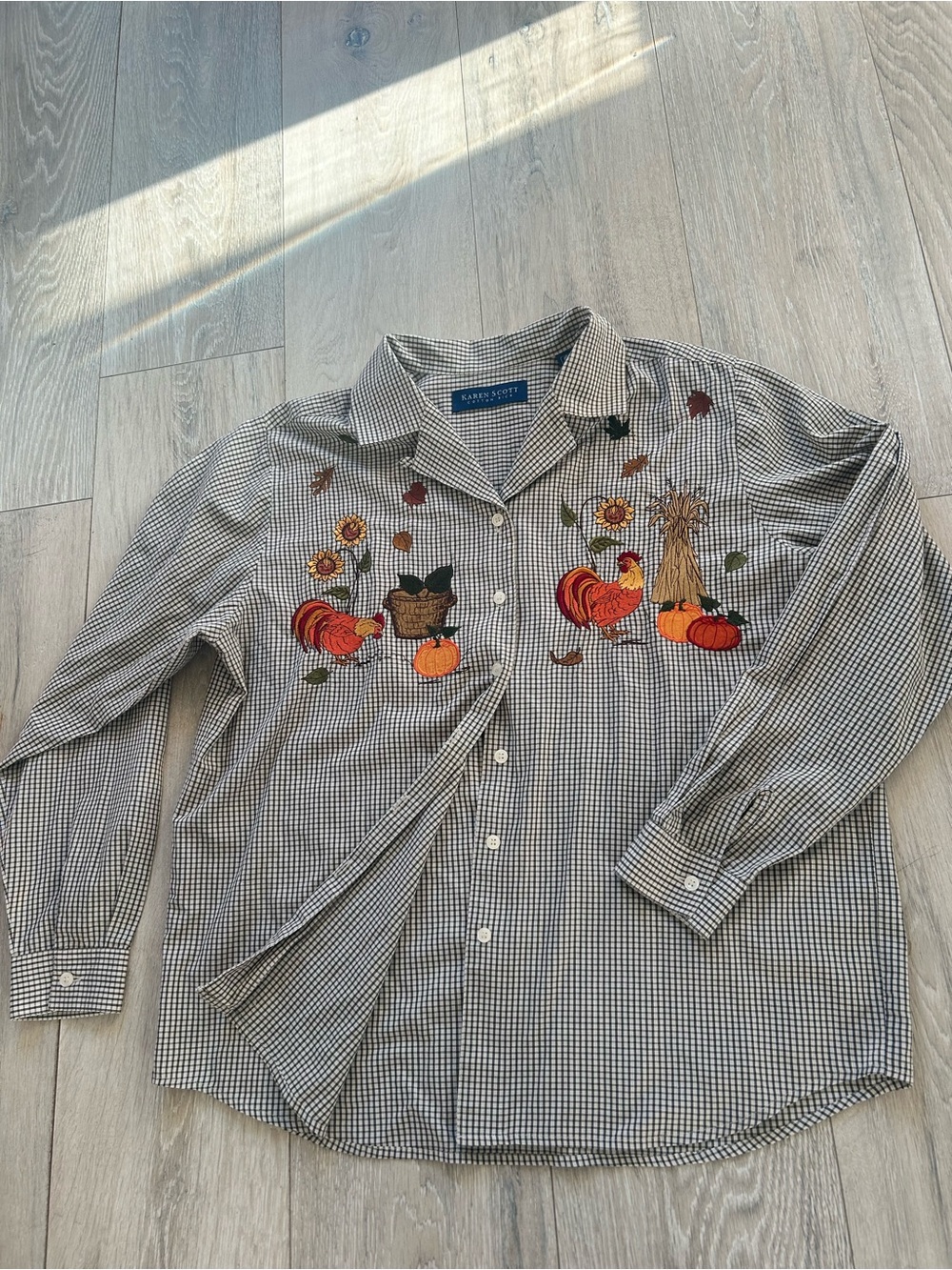 Karen Scott Black & White Gingham Button-Down Shirt with Fall Embroidery
